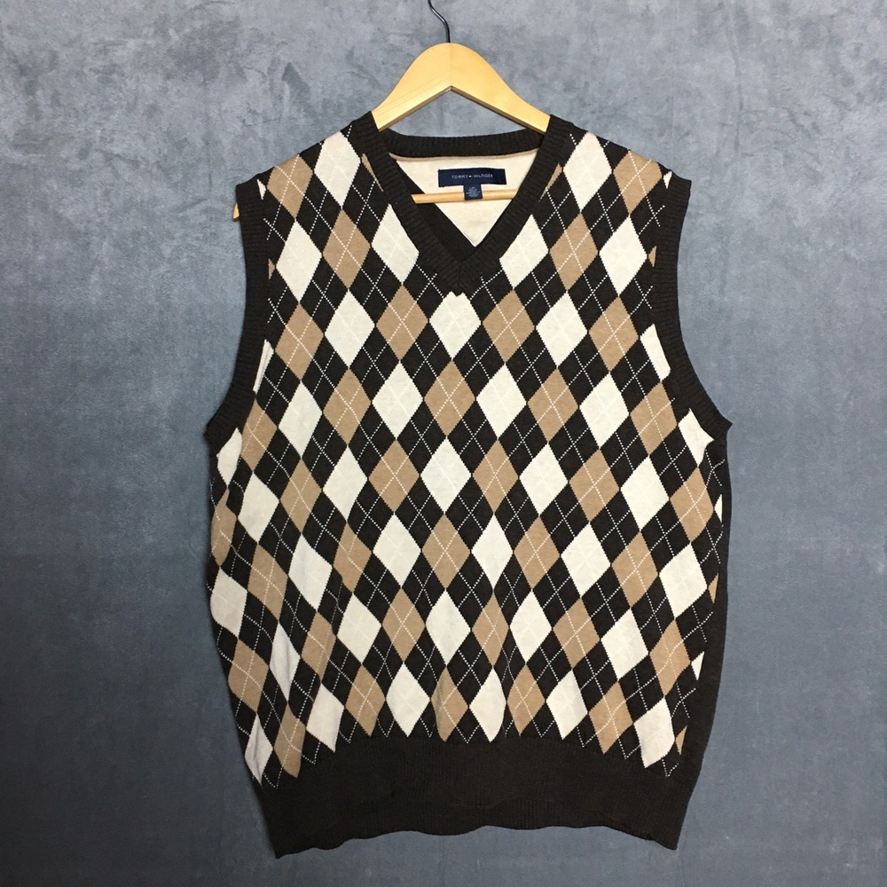 Tommy Hilfiger Mens Brown Argyle Cotton Sweater Vest L V-Neck Classic Academia